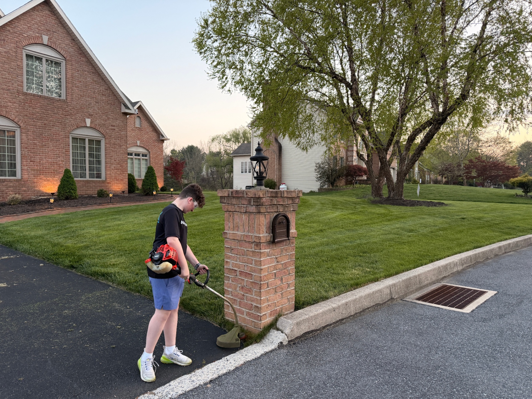 Eli edging a freshly cut suburban lawn at golden hour with a string trimmer