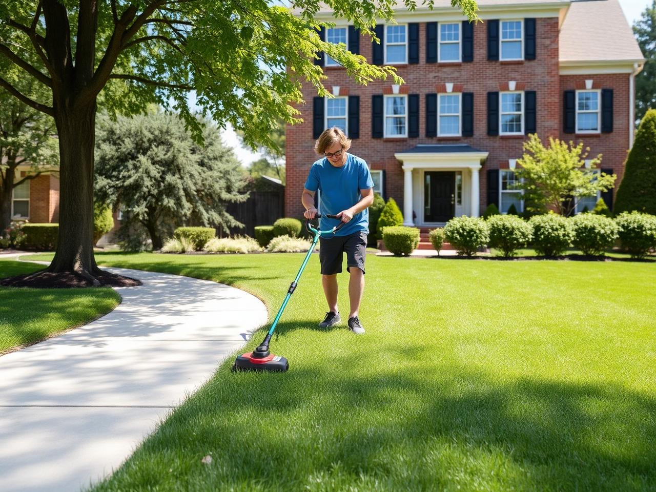 Edging a sidewalk with a string trimmer alongside a freshly cut green lawn